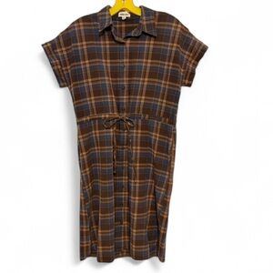 Hidden Alley Brown‎ Blue Plaid Short Sleeve Button Down Shirt Dress Cotton Sz M